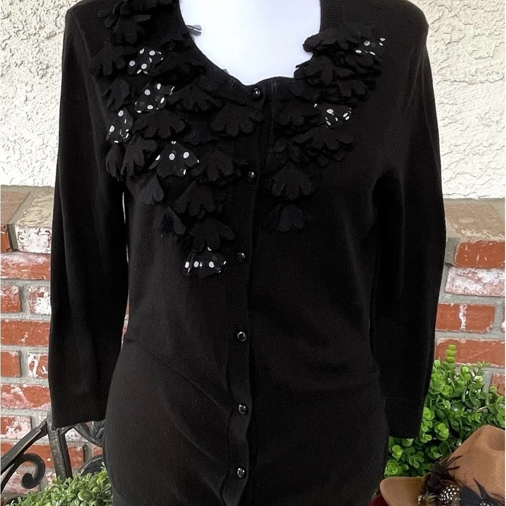 New York & Co Cardigan; Blk W/Polka Dot Netting Fabric Floral Detail; Sz Sm; NWT